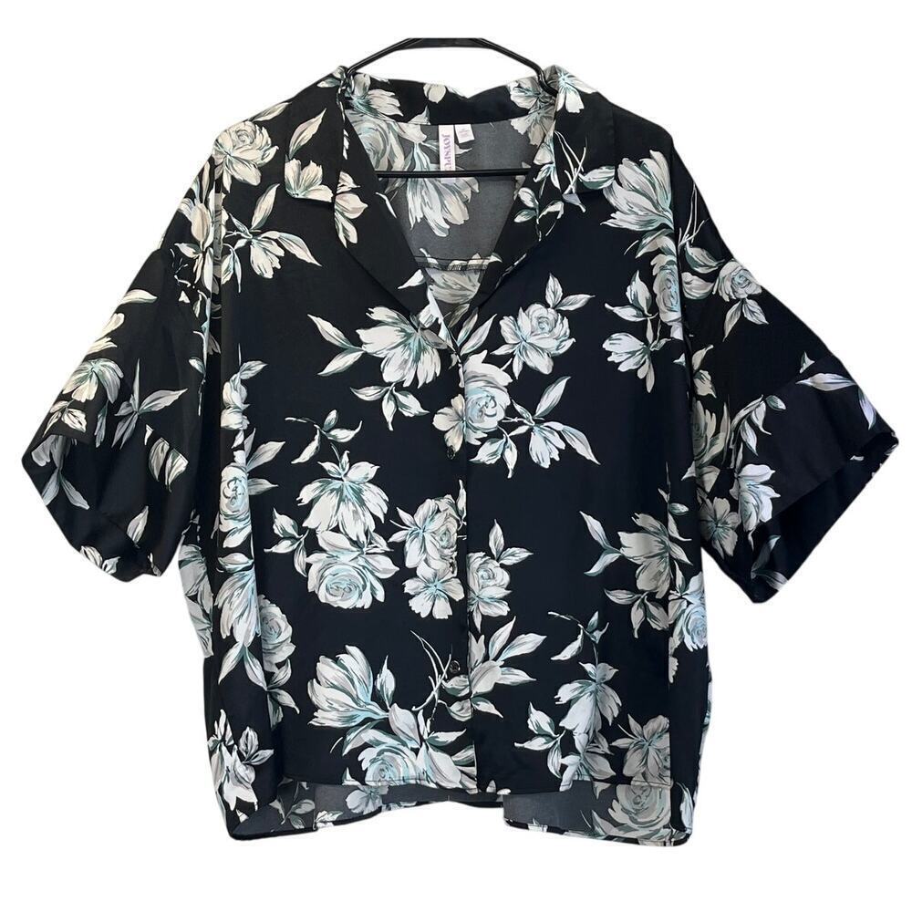 Joyspun Womens 2X (18W-20W) Black/Teal Rose Print Sleep Wear Set Feminine Casual